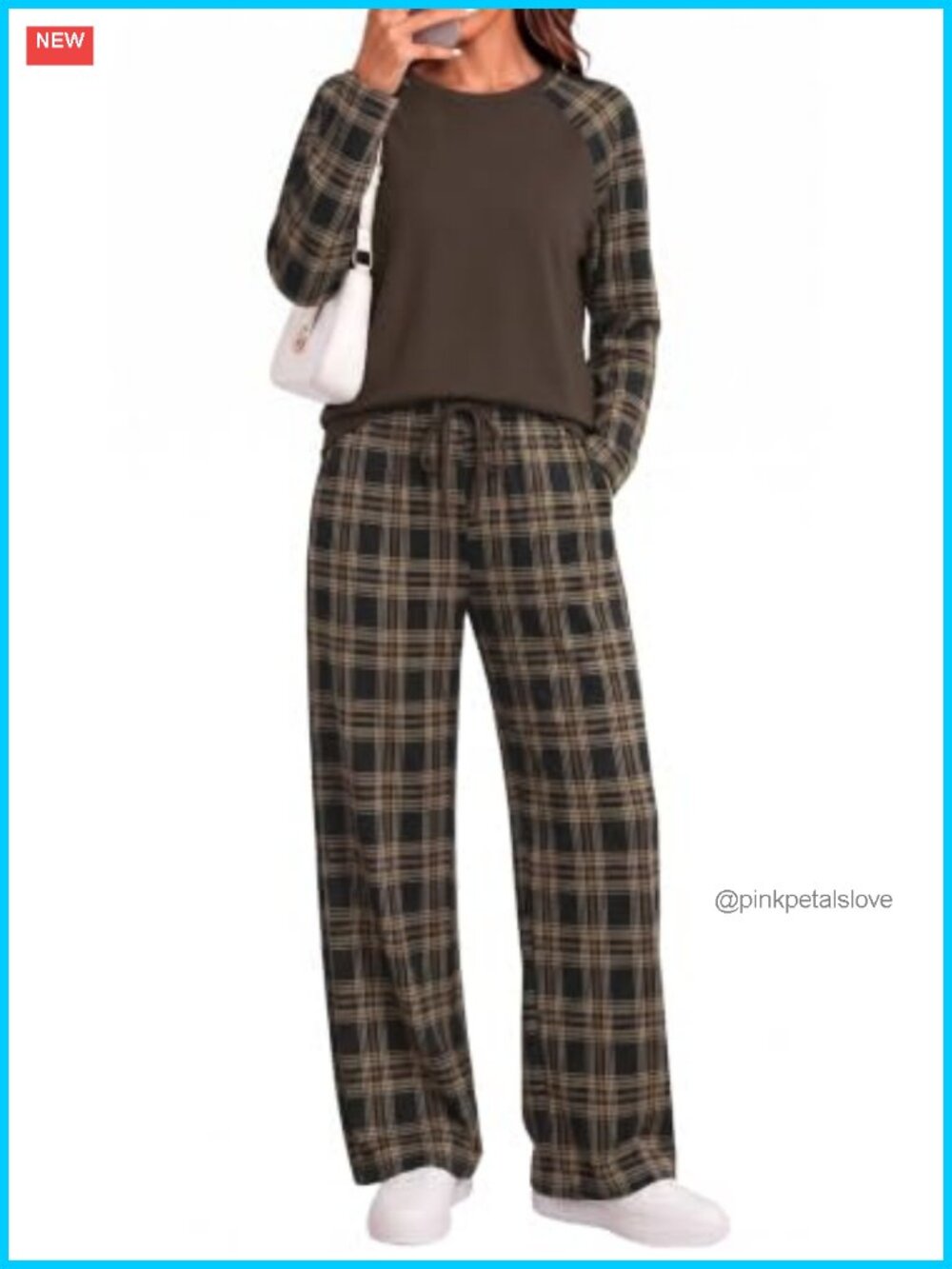 Womens Two Piece Lounge Set Long Sleeve Top Wide Leg Pants Pockets